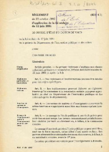 Règlement du 23 octobre 1985 d’application de la loi scolaire du 12 juin 1984