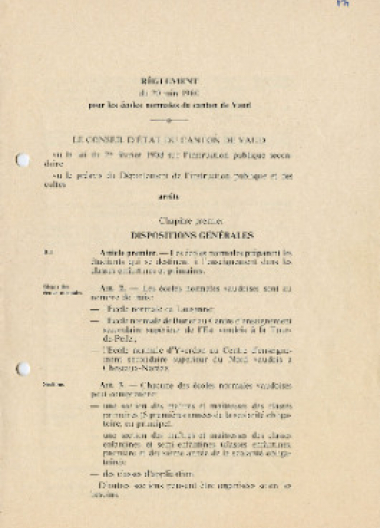 Règlement du 20 juin 1980 pour les écoles normales du canton de Vaud