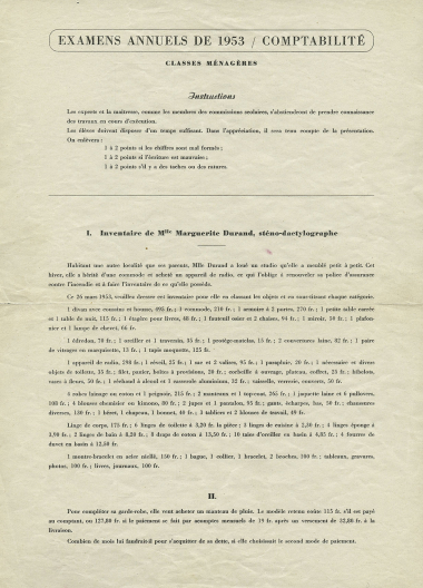 1953 - Examens annuels – Comptabilité (école ménagère)