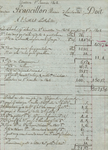 1807 - Feuille comptable de l’Institut Pestalozzi à Yverdon